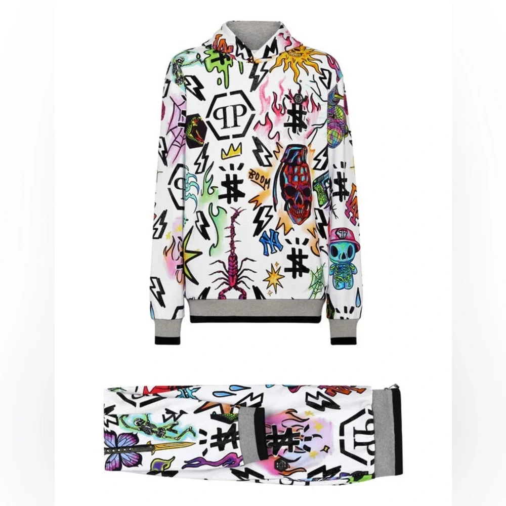 Philipp Plein Tracksuit Zipper‎ Jacket w/ Joggers Tattoo Punk Rocker White XXXL